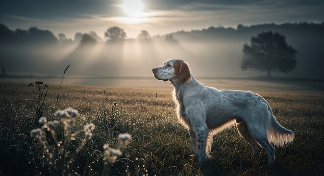 Farmer tending to sheep in misty field at dawn.