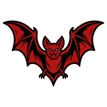 Stylized red and black graphic illustration of a flying bat mascot.
