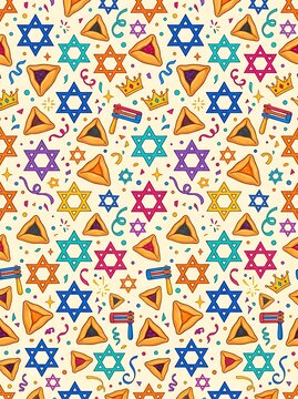 Purim holiday pattern with hamantaschen cookies and stars