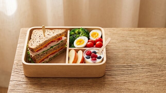 Balanced Meal Prep Container with Whole Wheat Sandwich, Broccoli Salad, Apple Slices, and Yogurt