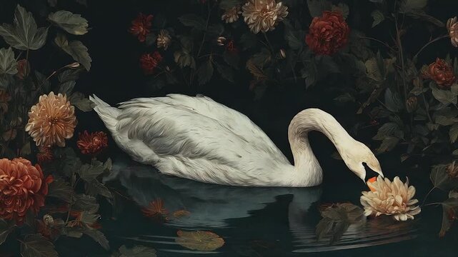 A white swan gracefully dips its beak toward a flower in still water amidst lush floral backdrop