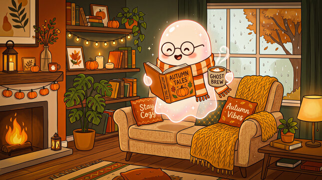 whimsical ghost reading book while drinking coffee floating comfortably inside modern living room cozy warm inviting aesthetic cute seasonal design trending microstock graphic