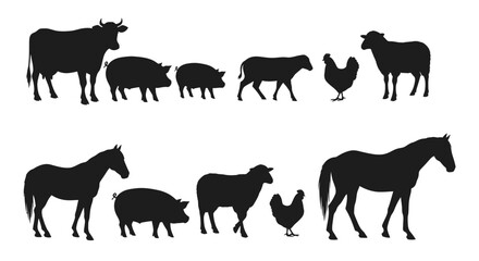 Fototapeta premium Black silhouettes of farm animals standing.