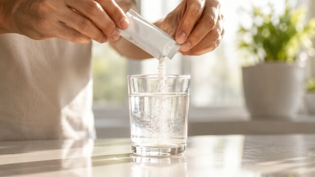 Oral rehydration salts packet being poured into glass of water by hand on kitchen counter showing powder dissolving for hydration and electrolyte replenishment