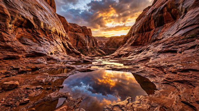 Pemandangan Matahari Terbenam yang Menakjubkan di Atas Lanskap Batu Merah di Taman Nasional Grand Canyon, Arizona, AS