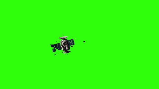 A detailed 3D animation of an artificial communications satellite exploding and shattering into debris, isolated against a chroma key green background. Perfect for space disaster films, sci-fi VFX ove
