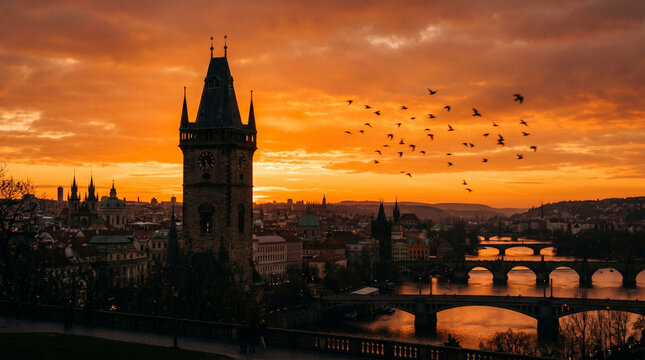 Matahari terbenam keemasan di atas menara katedral bergaya Gotik dan cakrawala kota tua bersejarah di Praha, Republik Ceko
