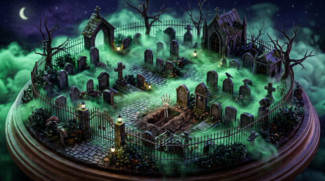 isometric miniature graveyard scene featuring tiny tombstones skeletal hand reaching from dirt glowing green fog eerie lighting sleek modern three dimensional rendered artwork