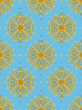 Golden celestial wheel and wheat seamless pattern on blue background