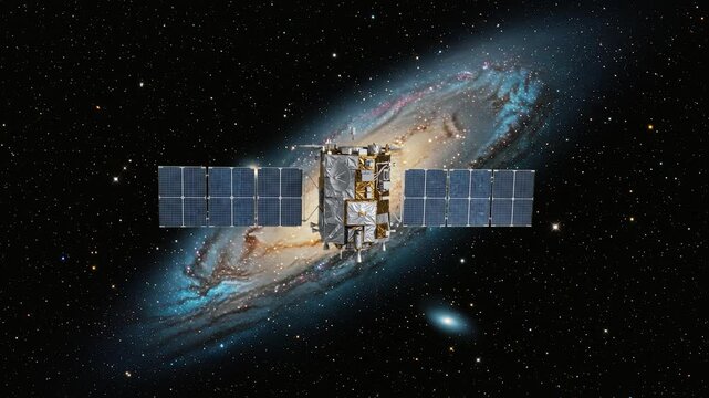 A 3D render of a communications satellite with open solar arrays deployed with a stunning spiral galaxy nebula in the background. Excellent for space exploration documentaries, futuristic tech marketi