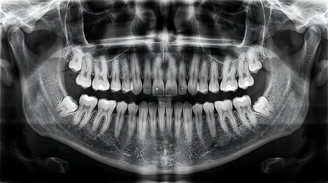 Panoramic dental x-ray showing full upper and lower jaw with teeth