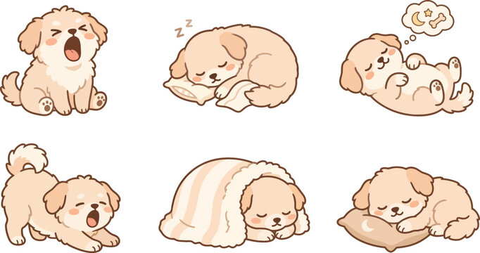 Adorable set of kawaii puppy stickers sleeping, yawning, and dreaming under a blanket.
