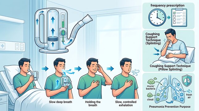 Medical infographic showing incentive spirometer use for lung health