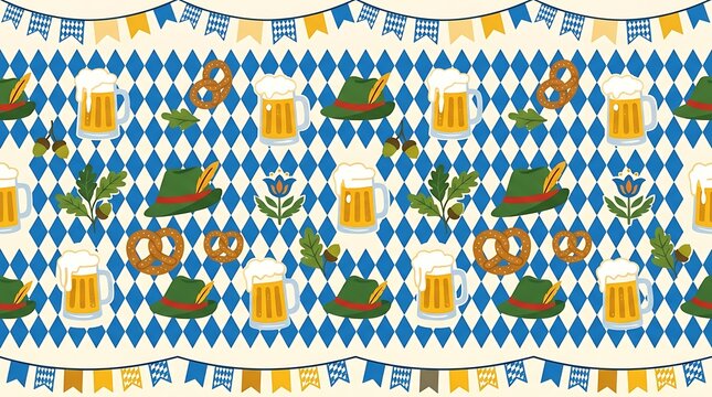 Oktoberfest festival pattern with beer mugs pretzels and hats