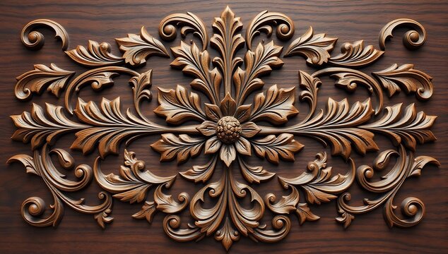 Intricate floral wood carving with ornate scrolling acanthus leaf patterns on dark wooden surface