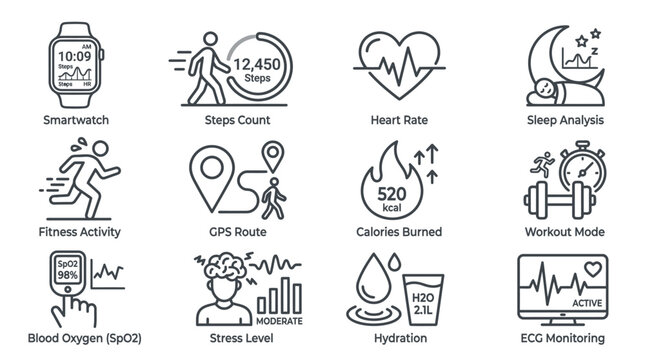Health monitoring icons display various fitness tracking features on a white background