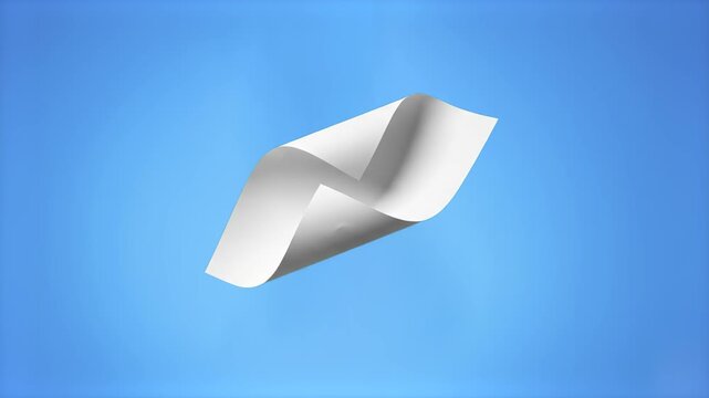 A single white sheet of curved paper gently floating and drifting in a clear, bright blue sky. This clean, minimalist animation is suitable for business documents, office concepts, or creative writing