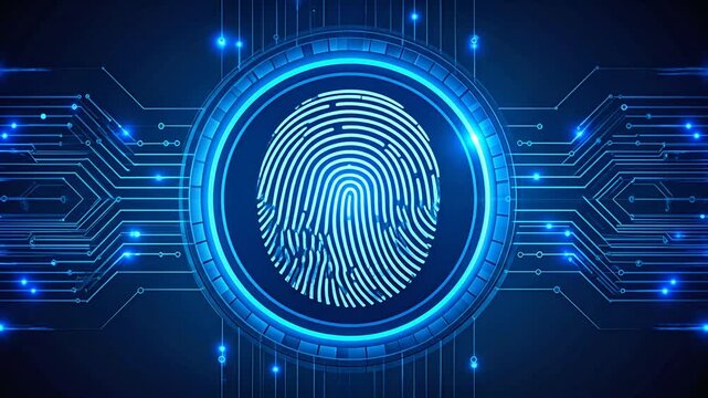 A glowing digital fingerprint icon sits on a circuit board background