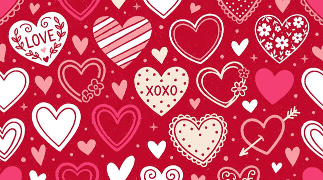 Seamless romantic pattern featuring hand drawn heart illustrations in various styles and textures on a solid vibrant red background