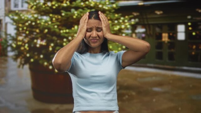 Woman holding head with both hands, eyes closed and wincing near a lit holiday tree and shopfront on a wet street; stress fatigue.