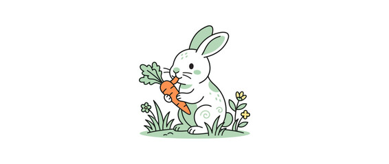 Cute cartoon rabbit eating a carrot in a meadow