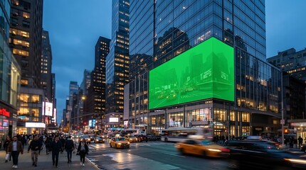 Obraz premium A large green billboard is displayed on a building in a bustling city street with people walking and cars driving by at dusk in New York City downtown.