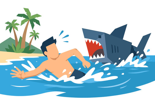 Panicked man swimming away from a shark attack near a tropical beach, vector illustration