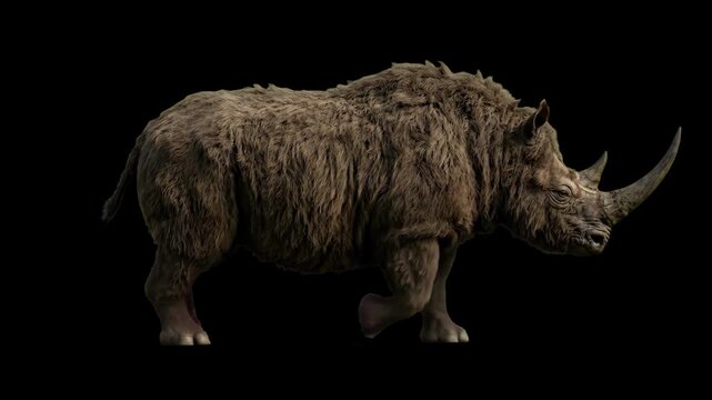 A realistic 3D render of a furry woolly rhinoceros walking against a solid black background. Designed as a drag-and-drop asset for historical documentaries and ice age animations.