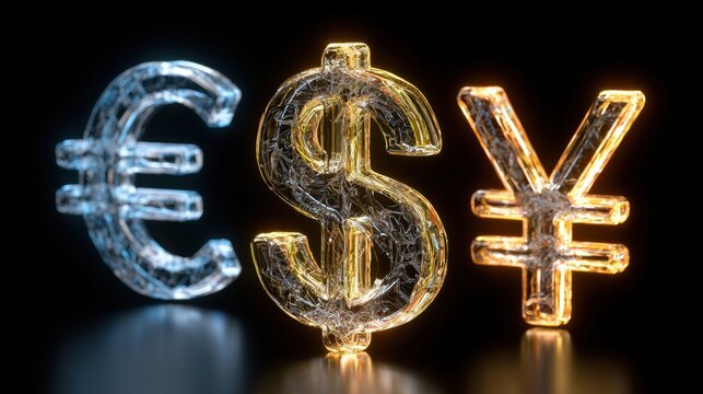 Illuminated glass currency symbols euro dollar yen glowing on dark reflective surface with intricate light patterns inside delicate transparent shapes