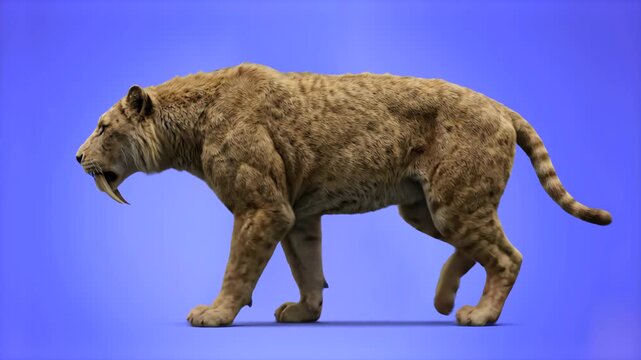 A detailed 3D walk cycle animation of the ancient sabertooth cat, Smilodon, moving against a solid blue chroma key backdrop. Excellent for ice age documentaries, evolutionary carnivore studies, and pa