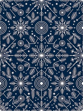 Elegant navy blue winter pattern with geometric snowflakes