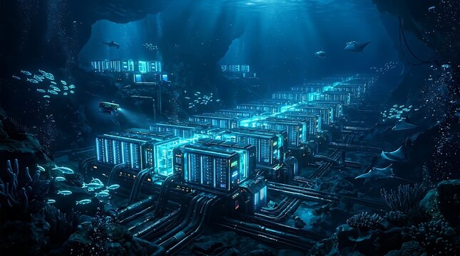 Futuristic underwater data center facility with glowing server racks on the ocean floor.