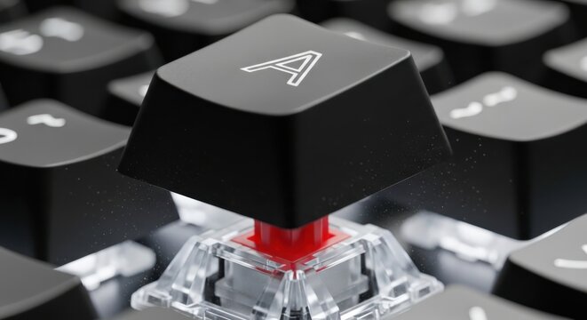 Close-up shot of a single keyboard key being pressed down on a sleek modern keyboard