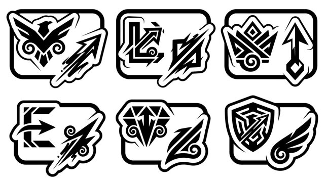 Set of six abstract black and white gaming logo emblems.