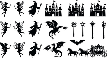 Fairy tale fantasy element bundle featuring medieval castle silhouettes, flying fairies, fire breathing dragons, wizards, and magic wand icons. © ALOMGIR