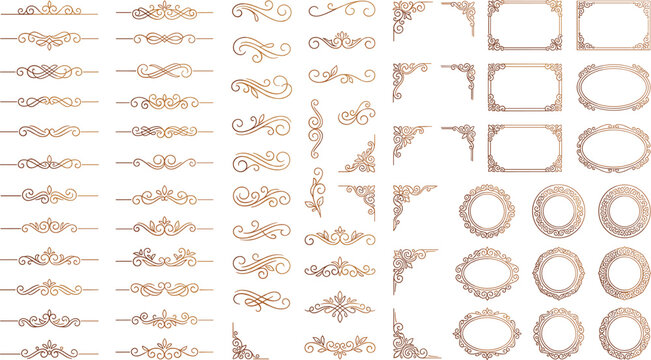 Elegant gold flourish divider and corner border frame mega bundle featuring luxury baroque vignettes classic scroll ornaments and decorative vector labels.