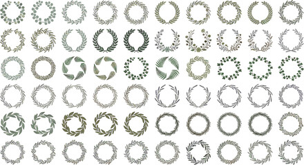 Elegant botanical wreath collection featuring watercolor style laurel branches, green fern leaves, rustic floral frames, and decorative circular borders. © ALOMGIR