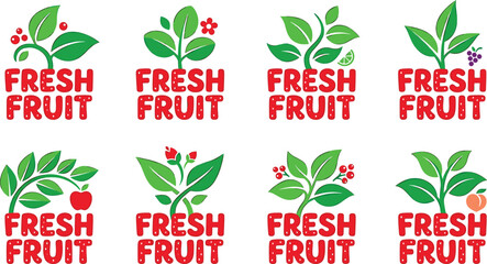 Fresh fruit logo label vector bundle, organic food badge sticker collection with green leaves and red farm text typography © ALOMGIR