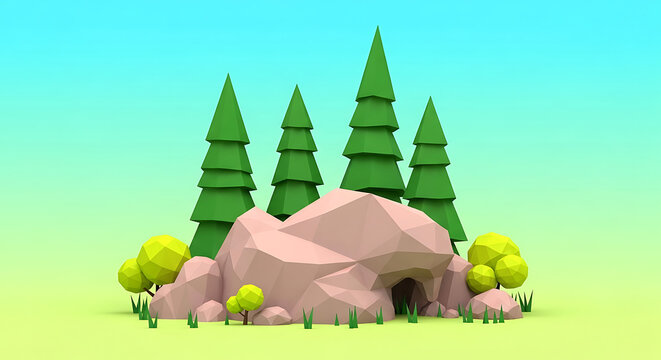 Low poly landscape featuring a pink rock formation and evergreen pine trees digital art landscape geometric minimalist stylized illustration evergreen boulders environment creative abstract