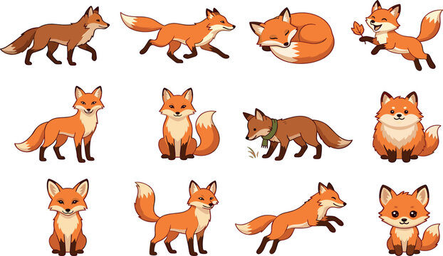 Fox vector cartoon character set featuring cute red foxes running walking sleeping jumping playing with leaves and sitting isolated on white background