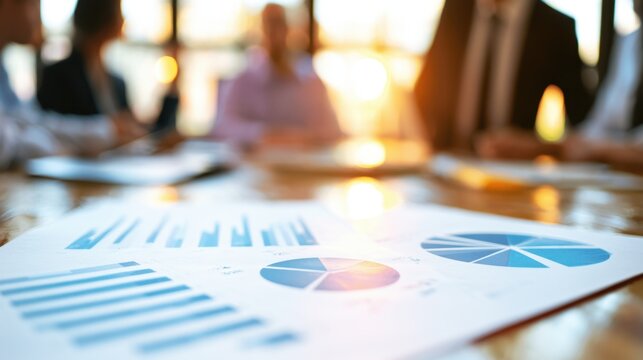 Close-up view of financial charts and graphs on paper with business people discussing strategy in bright office environment with sunlit background and blurred figures