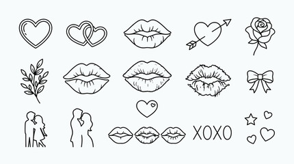 Obraz premium Bisous vector lineart lip icon set. Minimalist outline love collection with heart, romantic couple, rose flower, and cute bow graphic illustration for valentines day greeting.