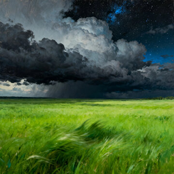Storm Clouds Over Windy Starry Green Meadow