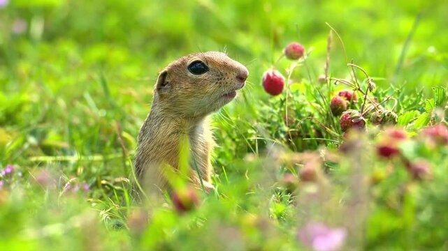 European Ground Squirrel Eating Wild Strawberry in Green Grass