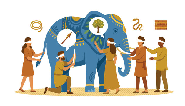 Blind men and elephant vector illustration depicting the famous ancient parable of perspective and absolute truth