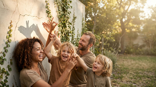 Happy family with two young sons making hand shadow puppets on a backyard wall during golden hour.
