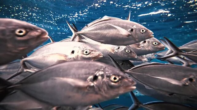 School of Crevalle Jack Fish Swimming in Deep Blue Ocean