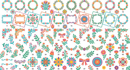 Colorful folk art floral wreath and border mega collection featuring traditional Mexican style mandala ornaments, botanical dividers, and corner flower frame vectors. © ALOMGIR