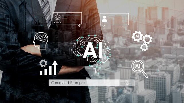 Businessman in a Suit Overlooking a City with Futuristic AI Graphics and Data Analytics Symbols Representing Technology and Innovation. Entropy.