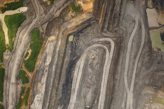 Industrial Coal Mining Site Aerial View, Earth Excavation Pattern, Abstract Mining Landscape Background